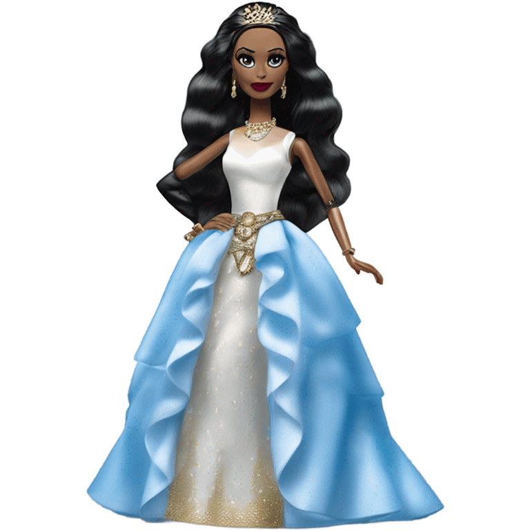 Tall realistic face teen Morticia Addams’s in as Princess Leia Barbie in ruffled pearl-white and blue informal ball gown with gold accents and accessories  emoji