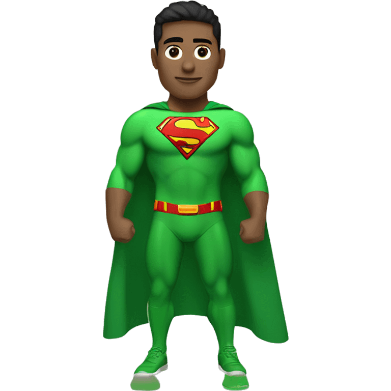 One Superman as personal trainer dressed with green sport clothes and capa. The logo in the chest should say AI emoji