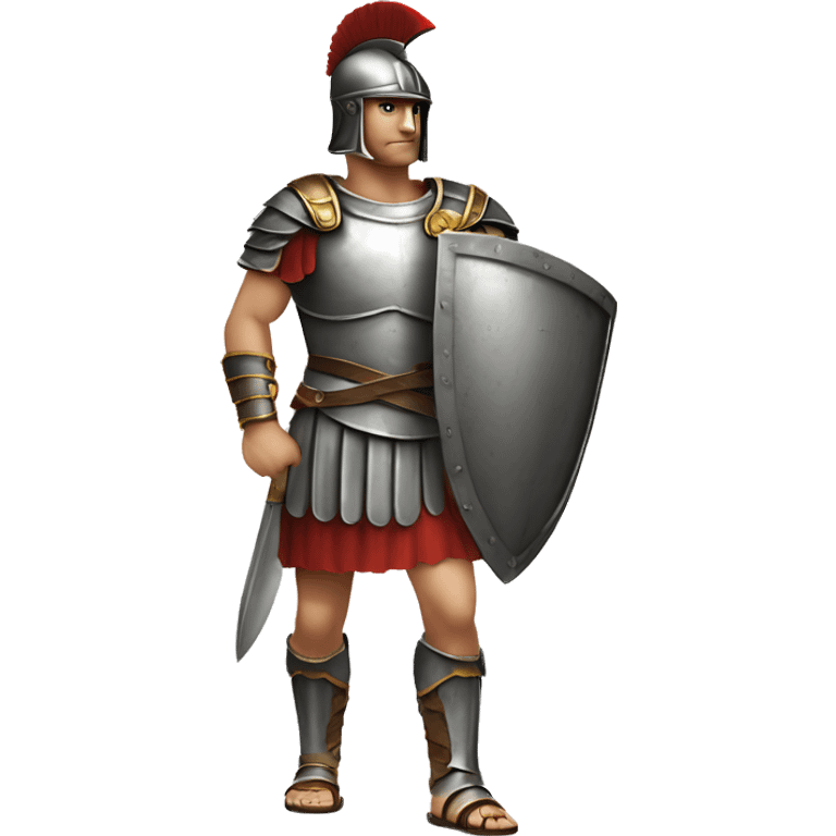 An ancient Roman legionnaire, full length, head slightly turned to the left, left hand palm up, showing, holding a shield with his right hand, helmet on his head, straight torso, realistic emoji