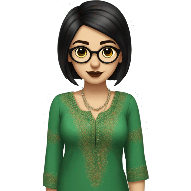 White girl in a green kurta with flower design, glasses, alot of piercing, gay, red lips, nose ring, full body, short straight black edgar hair, black straight hair emoji