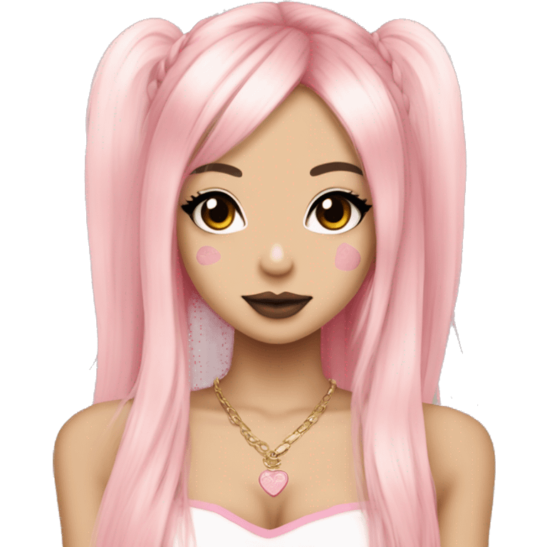 hime gyaru girl, long straight pink and blonde hair, tattoos, dark makeup,  emoji