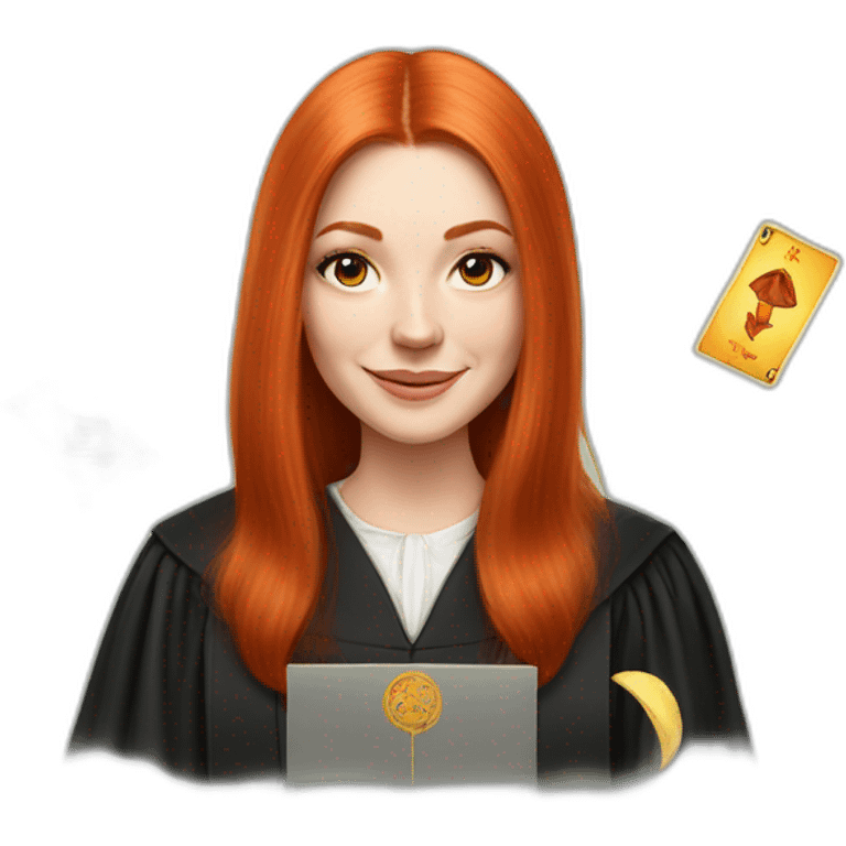 redhead white woman medium long straight hair, celebrating graduation with tarot cards emoji