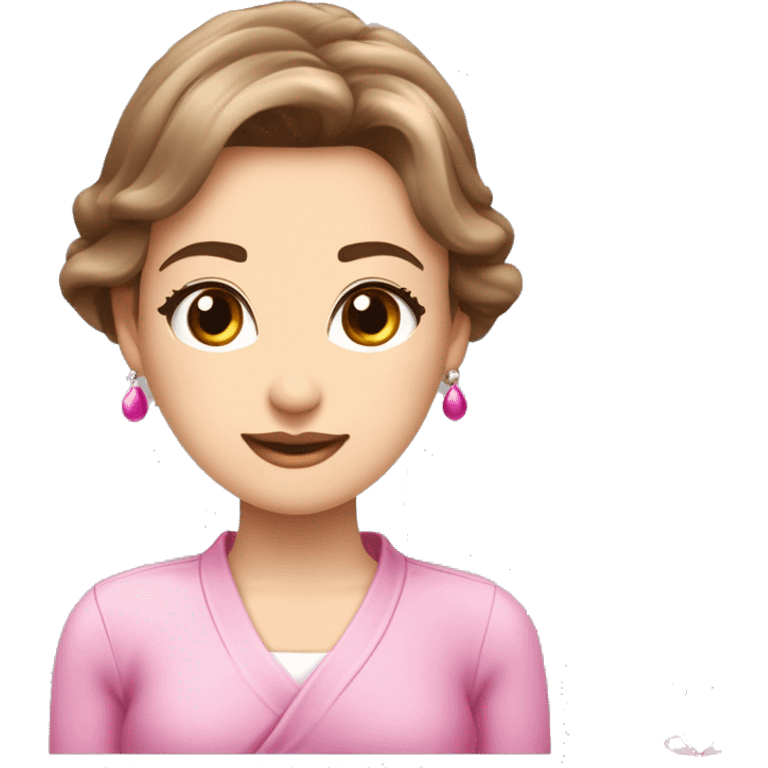 wanita cantik memakai baju princess berwarna pink menggunakan sarung tangan putih dengan rambut se pinggang berwarna coklat keriting hanya di ujung ujung rambut. memakai anting cantik dan kalung yang indah. menggunakan make up  emoji