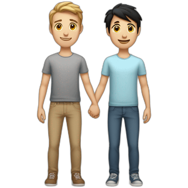 young skinny Caucasian brunnet man holding hands with one young Caucasian black haired man emoji