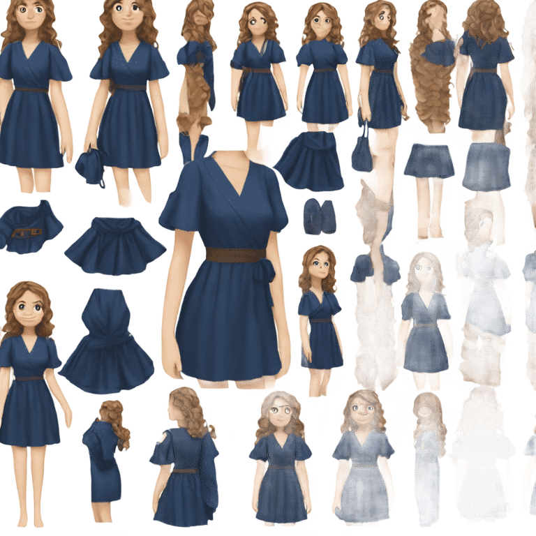 White girl with brown hair dark blue ruffle sleeve wrap dress full body emoji