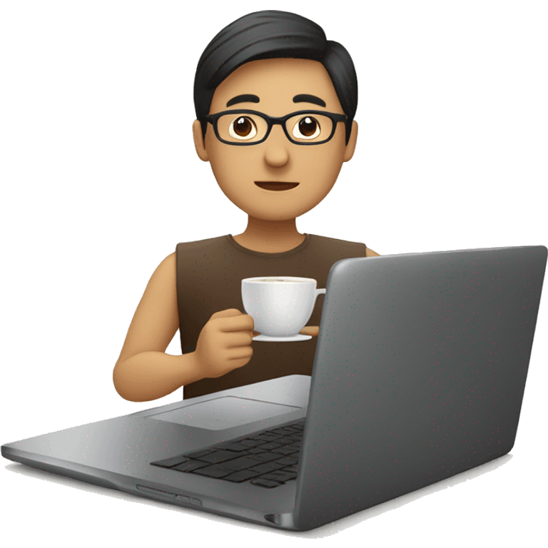 a asian human wear glasses is working on a laptop with a cup of coffee emoji