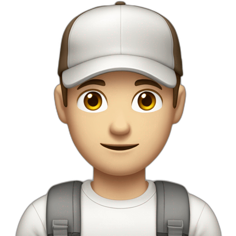 Pale skinned fit Man with dark brown hair in a light gray cap, dark brown jeans, brown polo and white T-shirt keeping a pasted with tape white box into his hands emoji