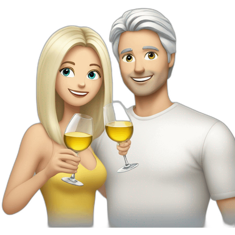 A white woman with brown eyes and blond medium long hair and a white man with blue eyes and grey hair, toasting with a glass of white wine emoji