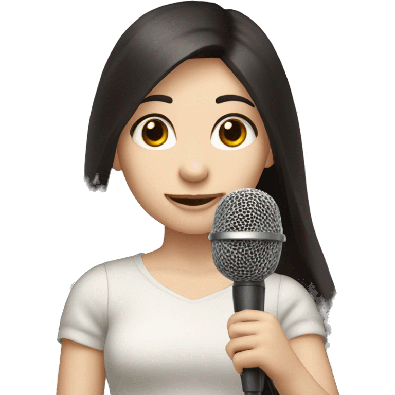 a girl with long black-brown hair, hazel eyes, pale skin, singing into a microphone emoji