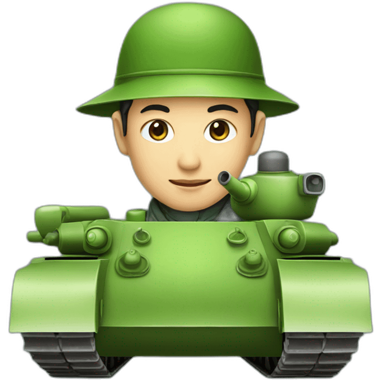 A Chinese man in a Chinese hat rides a green T-34 tank emoji