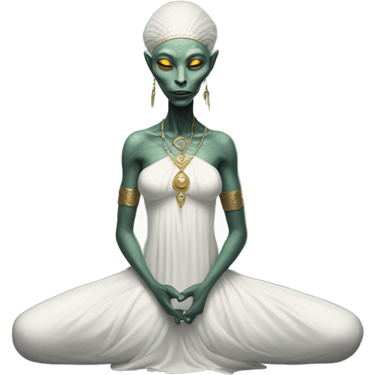 a Reptilian alien woman,in meditation, white dress like a priestess emoji