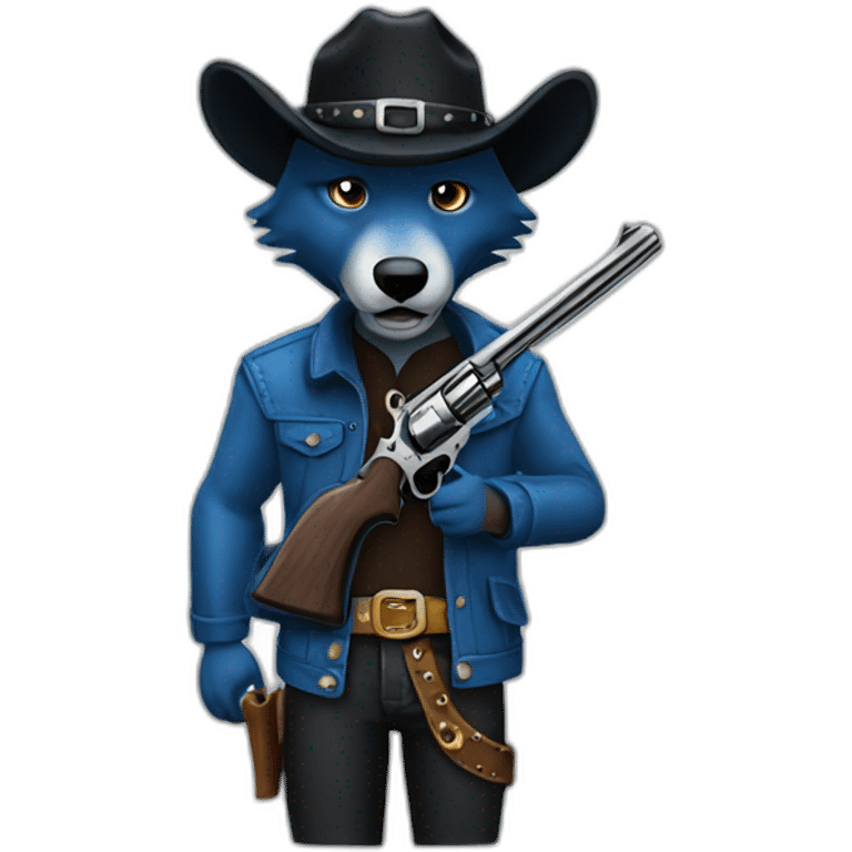 blue wolf. black cowboy hat, cowboy revolver emoji