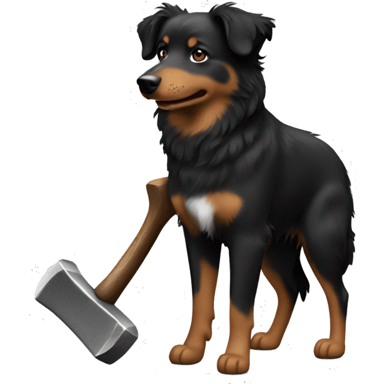 Small black australian shepherd dog building with hammer  emoji