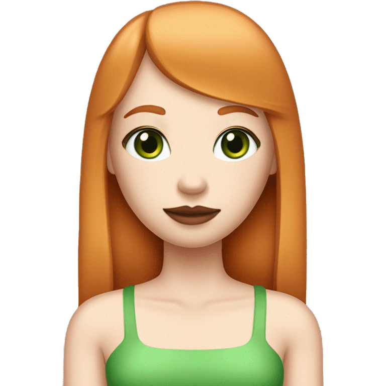 ginger girl, pale face, green eyes, pink lipstick, shoulde lenght straight hair with bangs emoji