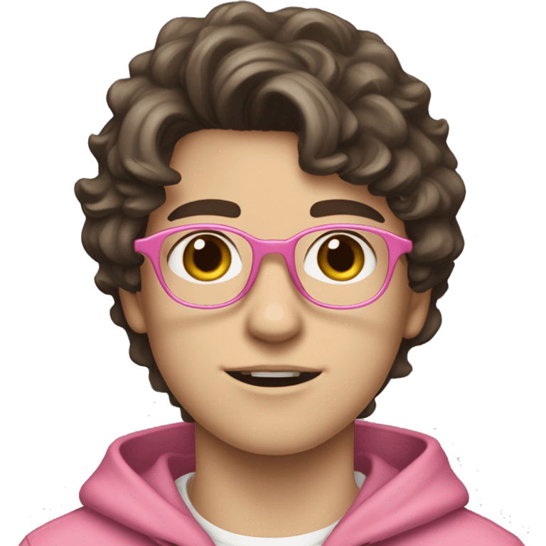 14 year old white boy with brown eyes and dark brown hair. Glasses and hair is wavy but short. Has fringe and it falls to one side of face a bit. Wearing pink hoodie. White skin 😭  emoji