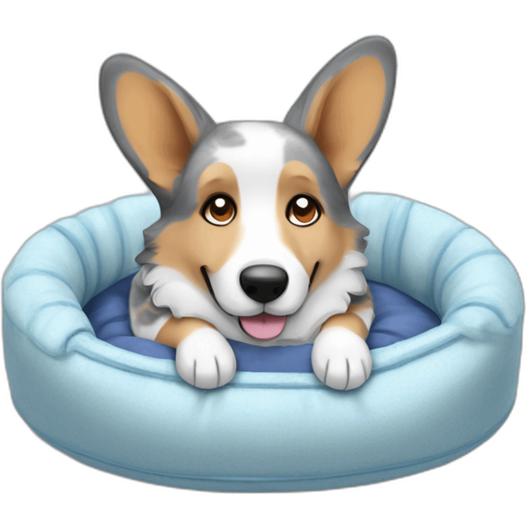 Blue Merle corgi sleeping in dog bed emoji