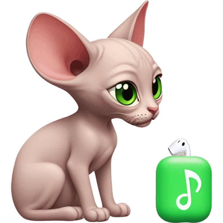 Pink sphinx cat with green eyes uses new airpods emoji