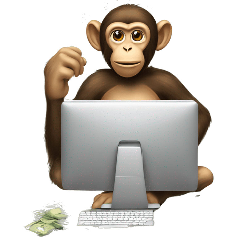 A monkey at a computer with a lot of money around him emoji