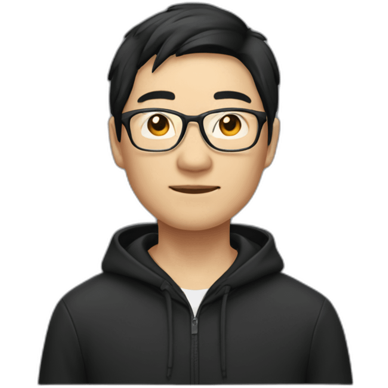 A mature Chinese boy with black hair and eyeglasses wearing black hoodie emoji