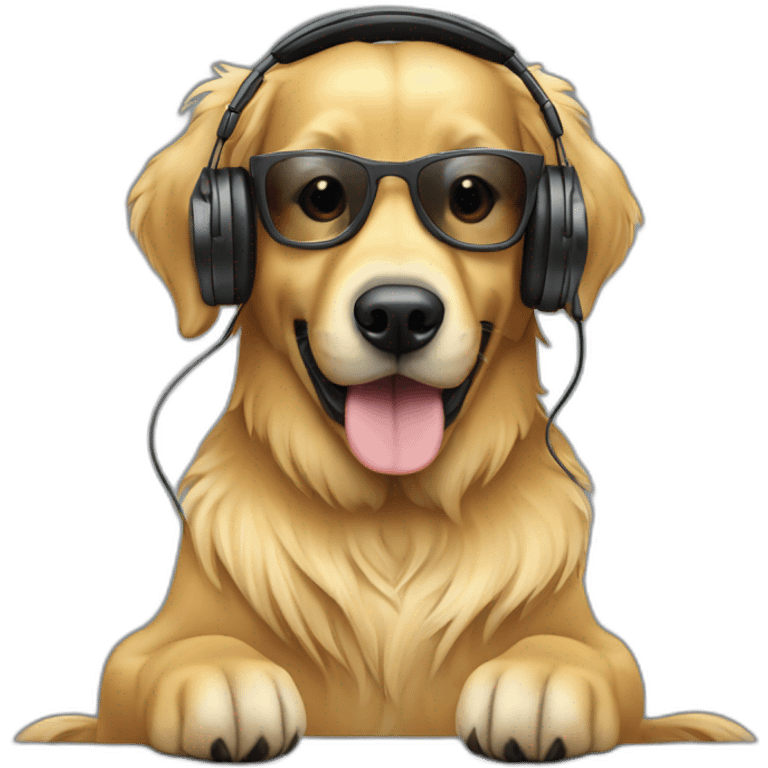 golden retriever coding on laptop and wearing headphones emoji