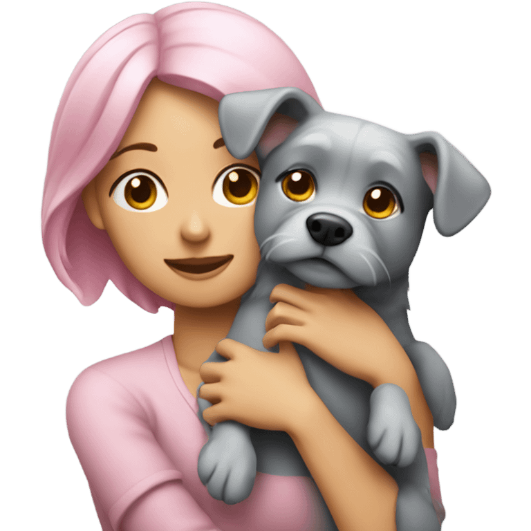 Pink hair lady hugging grey dog emoji