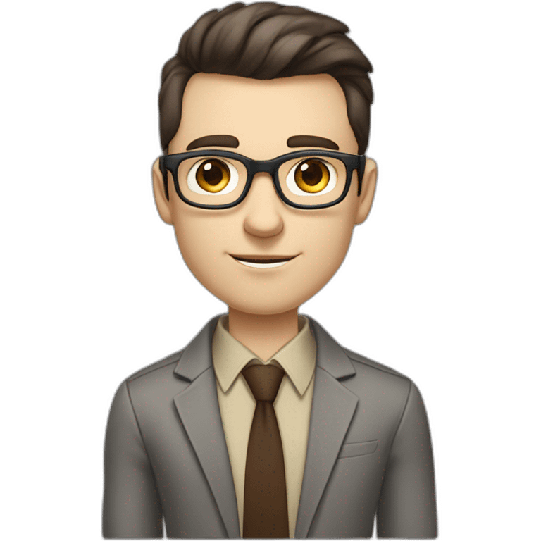 Pale skinned fit man with dark brown hair in gray jacket, beige office shirt, brown tie, brown pants and vintage glasses Writing on the marker board emoji