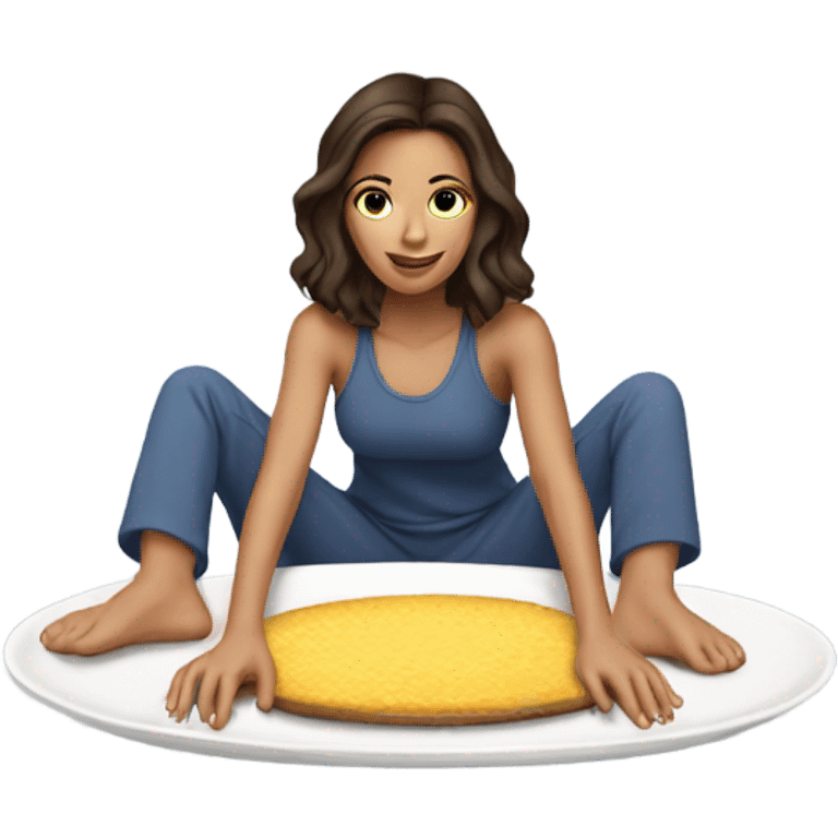 Brunette girl in sweatsuit on top of platter emoji