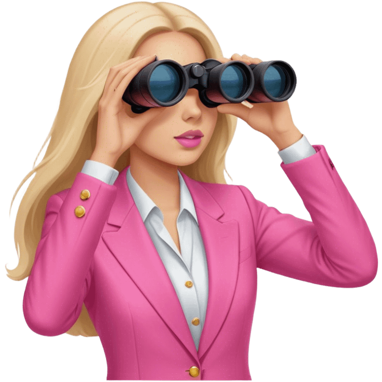 futuristic-looking woman with long hair in an intensive color pink suit looking through binoculars emoji