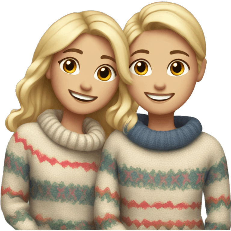 smiling duo in cozy sweaters girl blonde hair  emoji