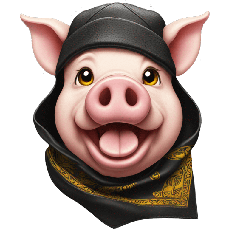 Angry Pig head with black leather Muir cap yellow paisley bandana around neck emoji