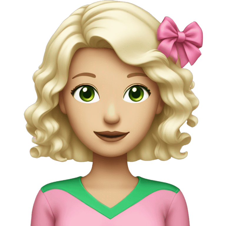 platinum blonde with green eyes wearing a pink bow with green shirt emoji