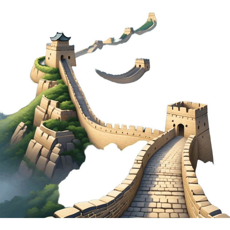 Cinematic Realistic Great Wall of China Landmark Emoji, depicted with ancient stone pathways winding over rugged mountains, watchtowers punctuating the misty landscape, and soft golden sunlight casting dramatic shadows. emoji