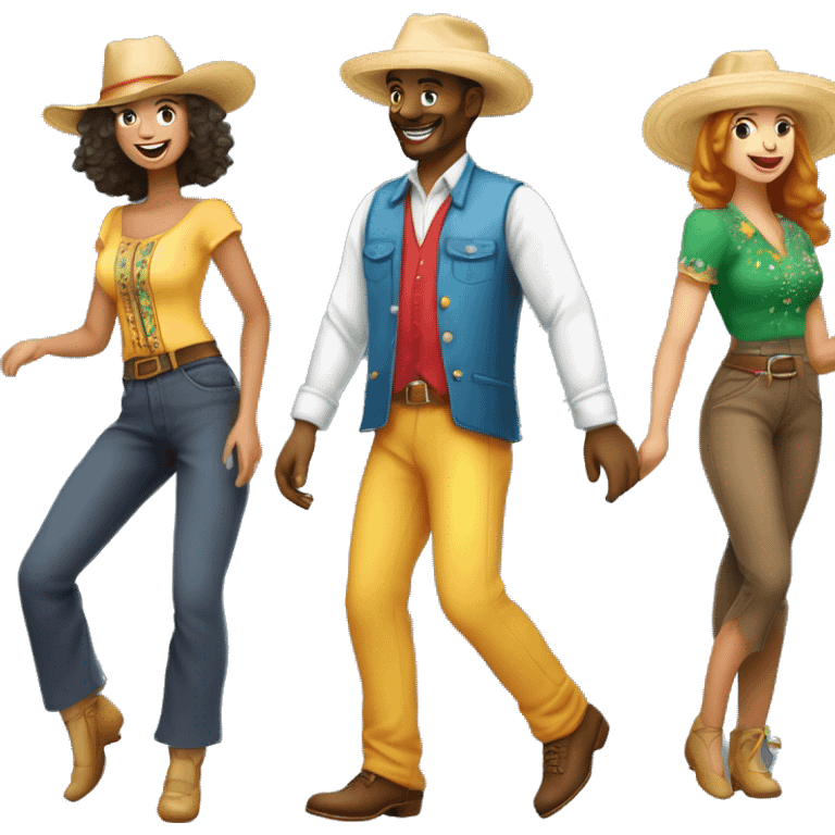 casal dançando usando chapéu de palha e roupas coloridas em festa country emoji