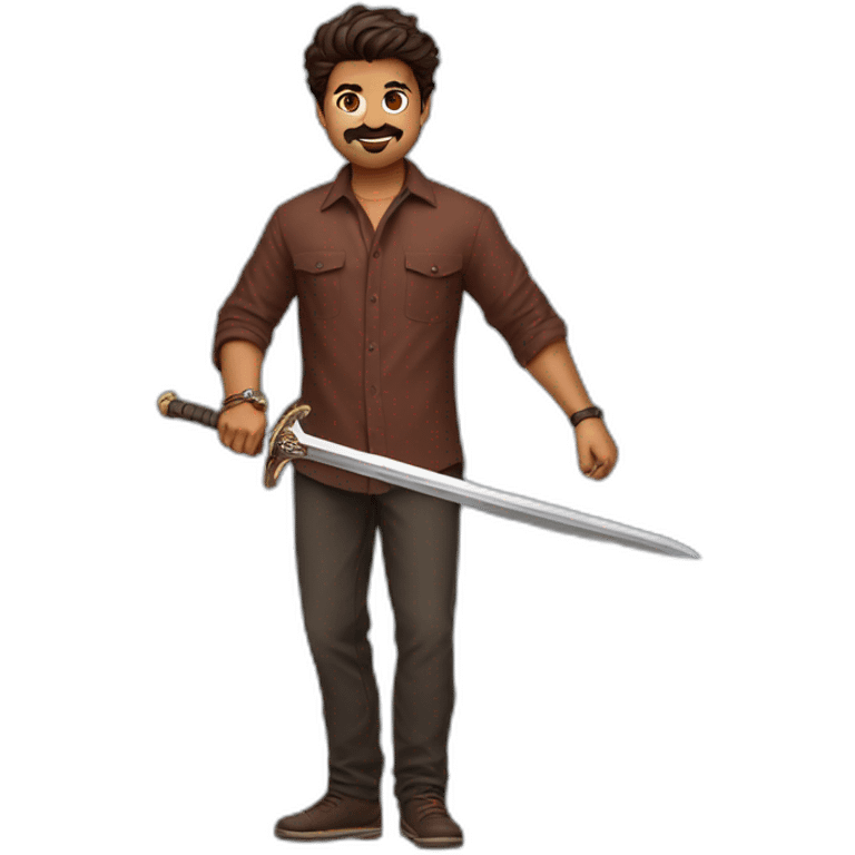 Leo THALAPATHY Vijay holding a Sword wearing a marron Full sleeve shirt  emoji