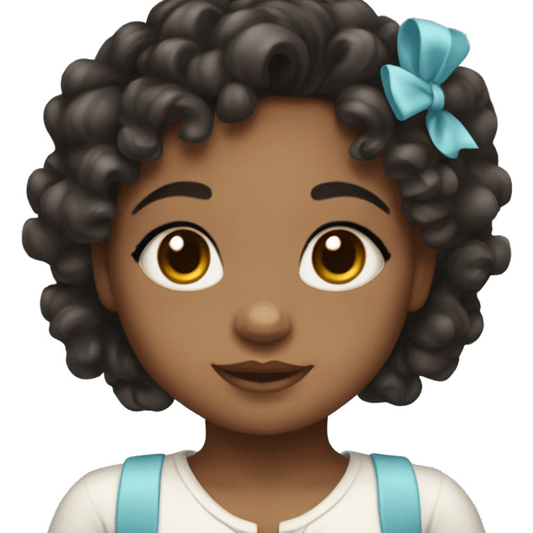 A brow skin little girl with black curly wavyish hair and a baby blue bow emoji