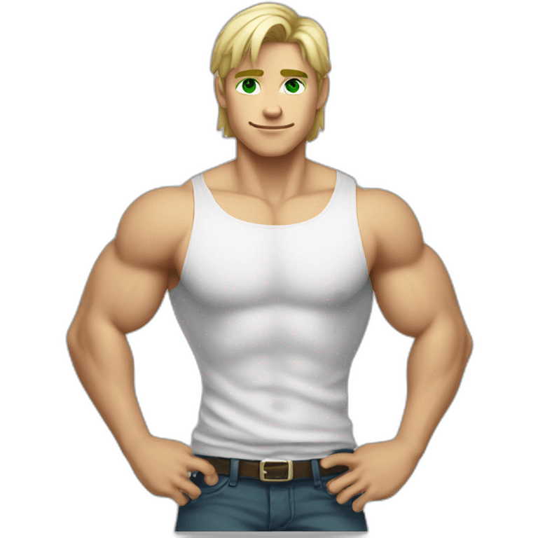 Muscular boy, shirt off, blond hair with green eyes  emoji