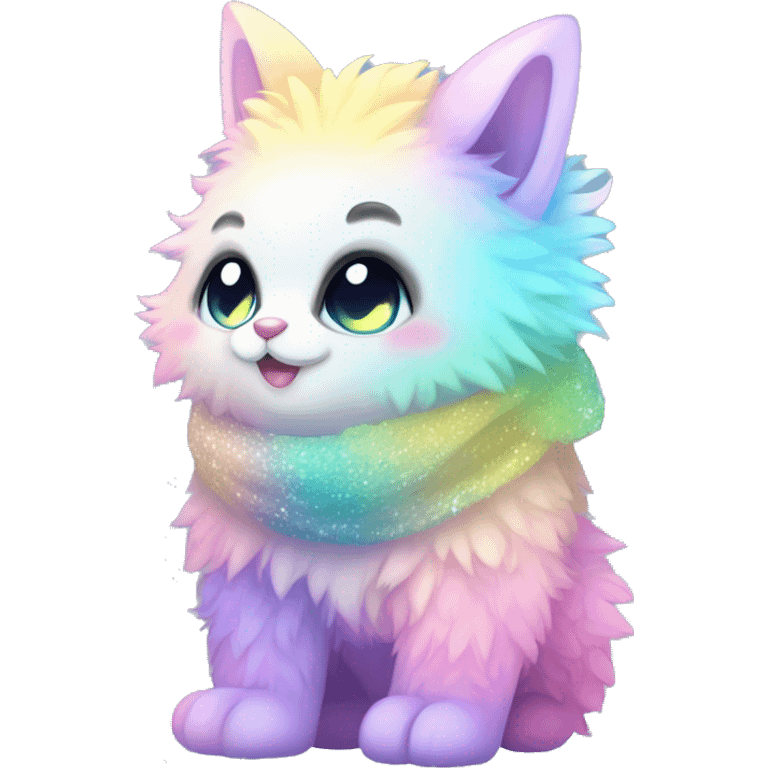 Edgy Kawaii cute gorgeous colorful sparkly bright light pastel gradient fantasy ethereal fluffy fursona animal creature with a cute scarf full body emoji