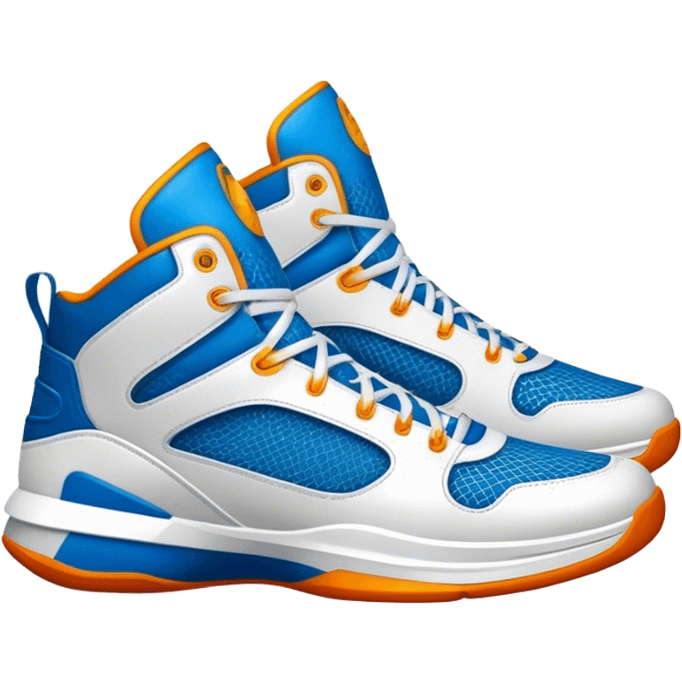 Cinematic Realistic image of a pair of basketball sneakers featuring detailed mesh and leather textures, vibrant color accents and dynamic design lines, illuminated by bold, high-energy arena lighting emoji