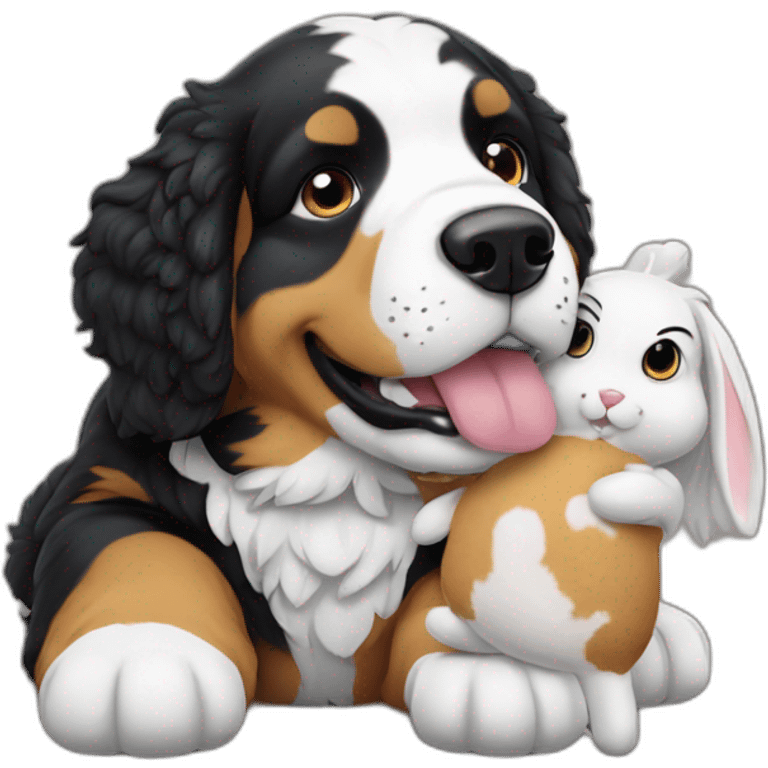 Berner sennen dog with a rabbit  plushie in his mouth emoji