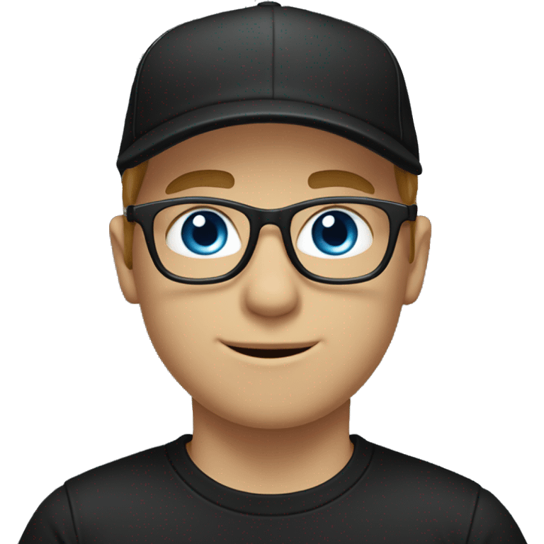 White male wearing glasses and black cap in a black t-shirt and blue eyes emoji