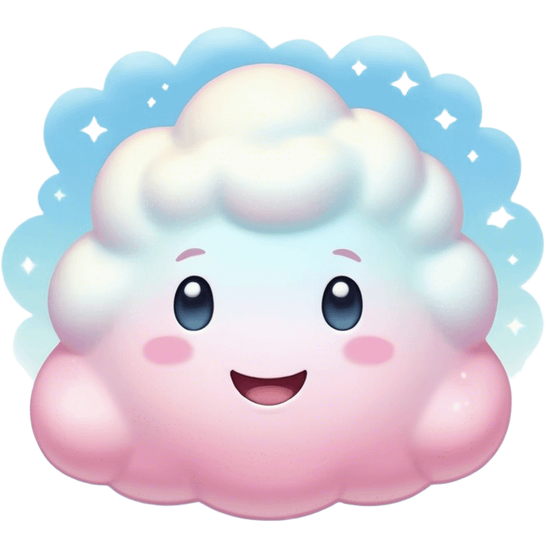 Cinematic fluffy pastel marshmallow character, soft round edges, tiny sparkly eyes, a small happy smile, glowing warmly, floating in a dreamy soft sky. emoji