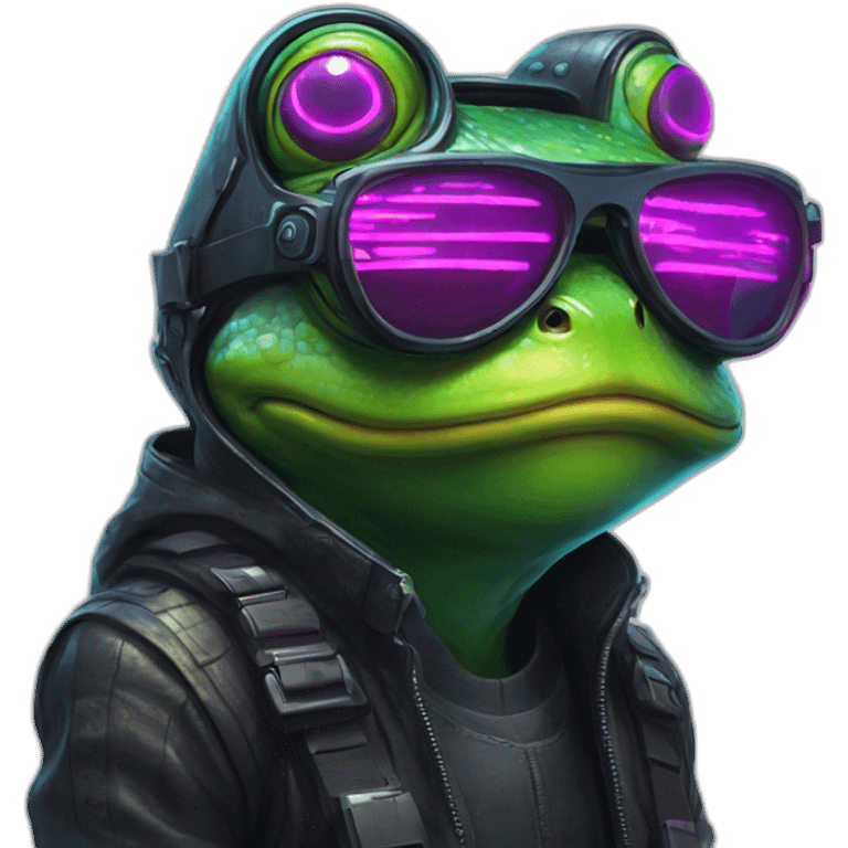 cyberpunk frog with glasses and neon emoji