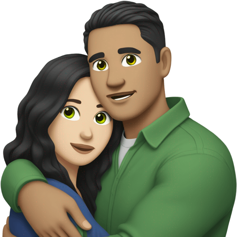 Light skin vietnamese man with straight black undercut hair and a white brunette woman with green eyes and long wavy hair tightly hugging each other  emoji