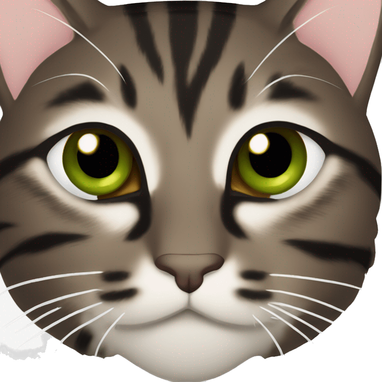 Dark brown tabby cat with brown-green eyes, black nose and white neck emoji