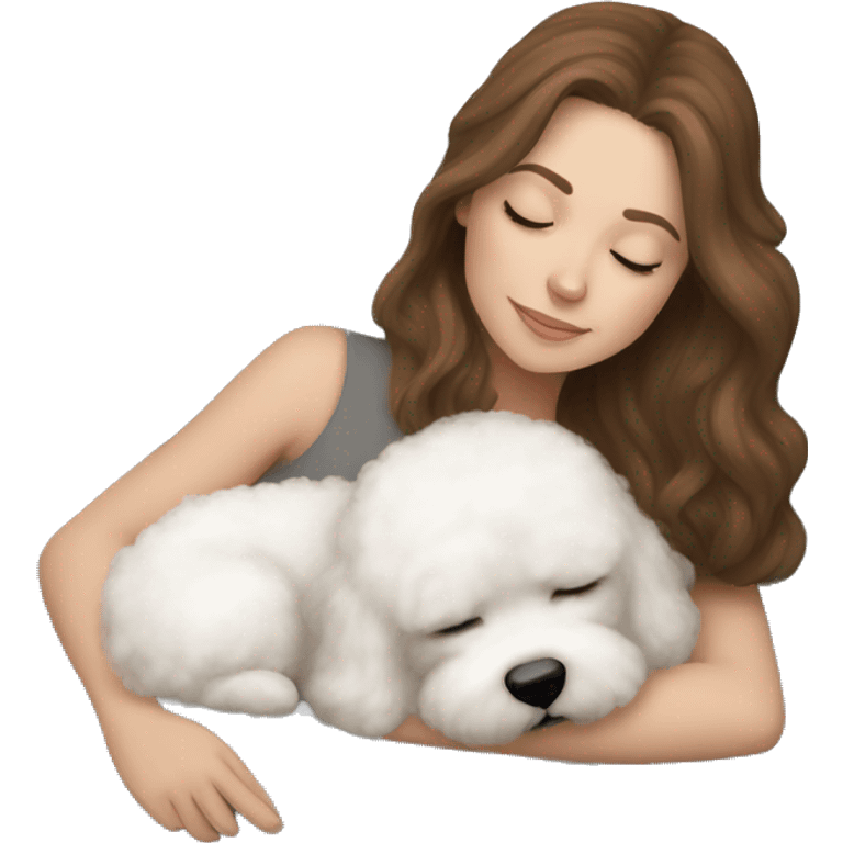 White girl brown hair sleeping with Mini Bichon emoji