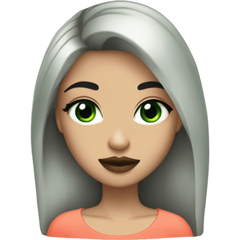 Girl with black hair and black eyebrows and green eyes and coral color lips emoji