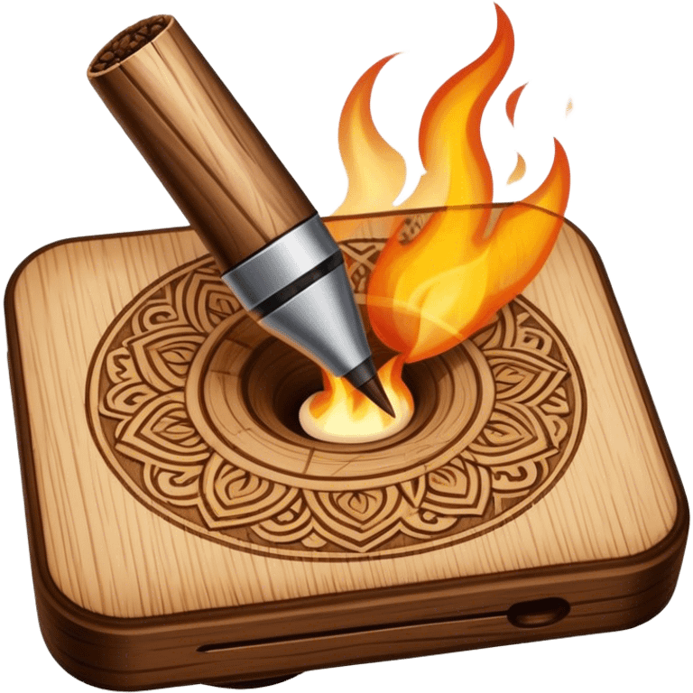 Pyrography icon, wooden surface with detailed burn marks, intricate patterns being burned into wood with pyrography tool, minimalistic style, clean lines, transparent background. emoji