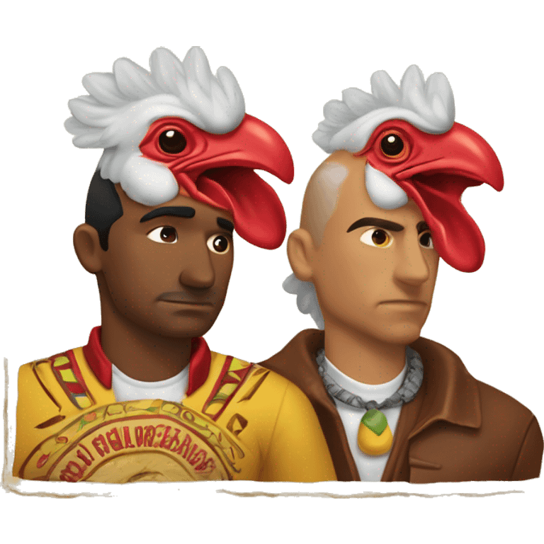 Two men with rooster heads with their backs against each other; both men wearing Mexican outfit and there is a sign around them that says “Los Pollos Hermanos” emoji