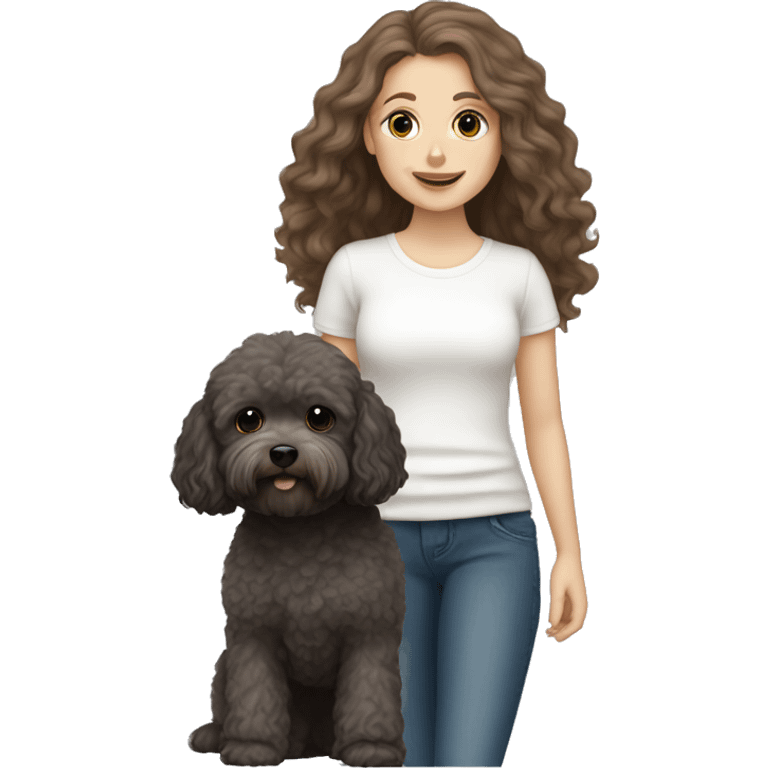 White Girl with brown long hair holding a dark gray maltipoo emoji