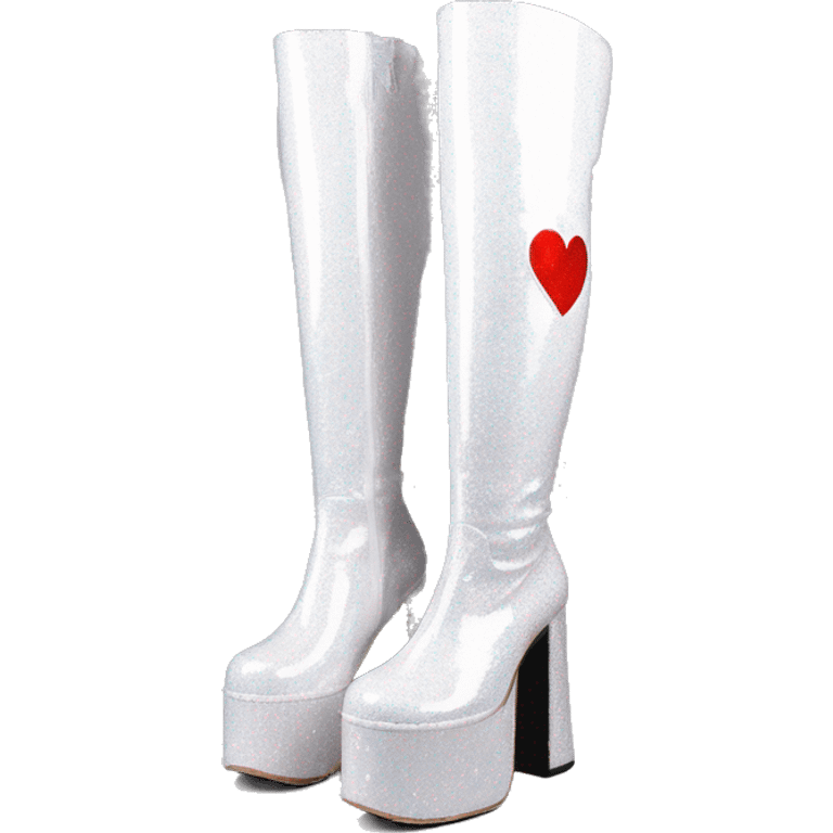 glittery white platform knee high gogo boot with heart on side emoji